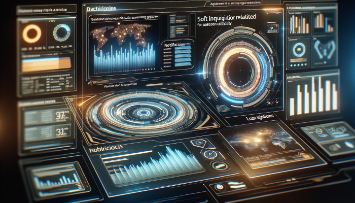 Futuristic interface with financial graphs and soft inquiry notifications for loan eligibility assessment.