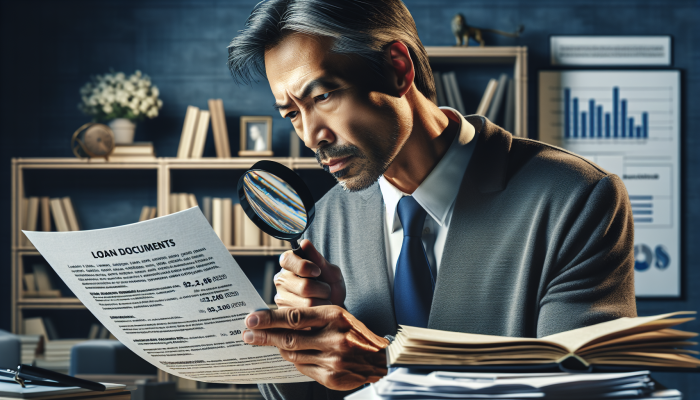 Person using magnifying glass to compare loan documents, focusing on terms and rates in a study.