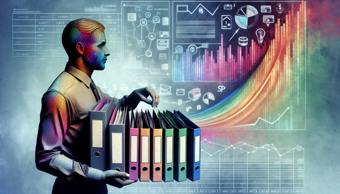 A person organizing credit card statements and loans into a "Debt Consolidation" folder, with descending interest rate graphs.