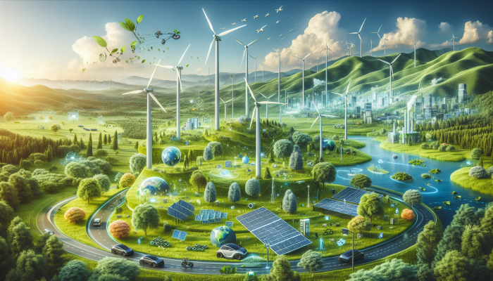 A serene landscape featuring solar panels, wind turbines, lush greenery, and electric vehicles, symbolizing eco-friendly initiatives funded by green loans.