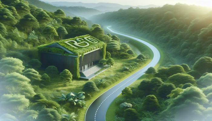 A path leading to an eco-friendly bank amidst lush vegetation, symbolizing sustainable debt consolidation.