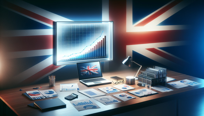 Laptop on office desk showing graph of reduced tax liabilities, with debt consolidation and tax relief documents, UK flag background.